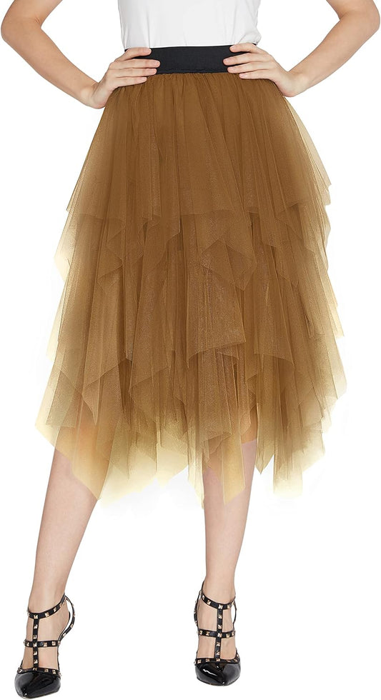 Women'S A-Line Mesh Tutu Skirt Fluffy Layered Tulle Midi Long Skirts with Elastic Waist
