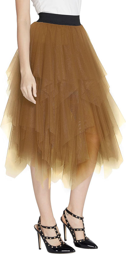 Women'S A-Line Mesh Tutu Skirt Fluffy Layered Tulle Midi Long Skirts with Elastic Waist